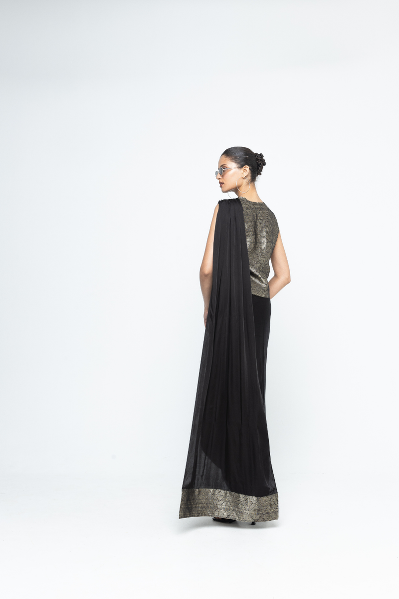 Kiara - Statement Waistcoat saree - Black satin by SOBARIKO in black color for women Worldwide