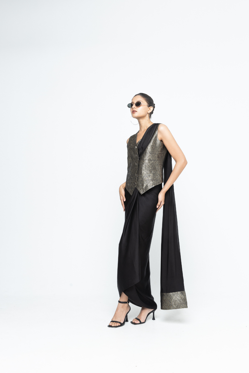 Kiara - Statement Waistcoat saree - Black satin by SOBARIKO in black color for women Worldwide