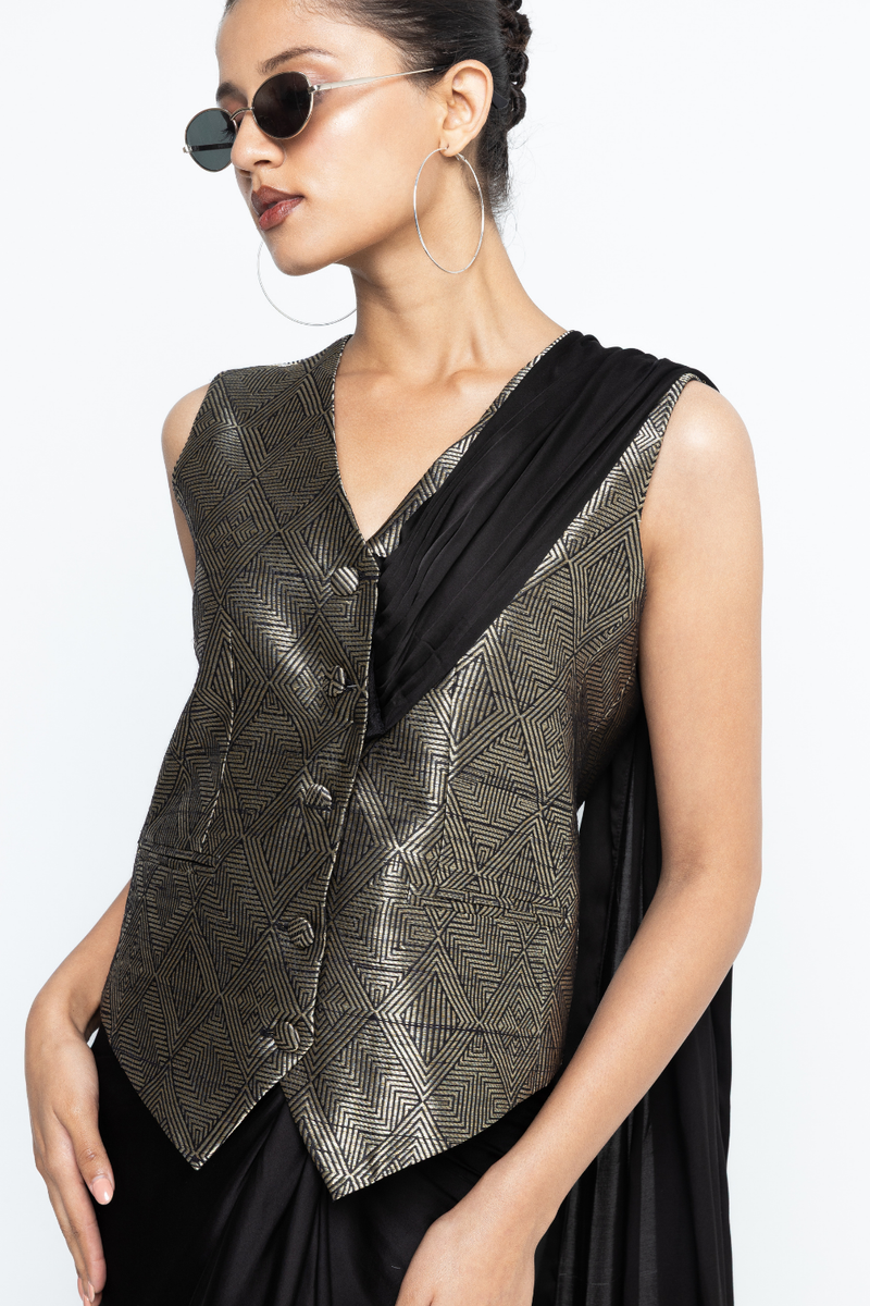 Kiara - Statement Waistcoat saree - Black satin by SOBARIKO in black color for women Worldwide