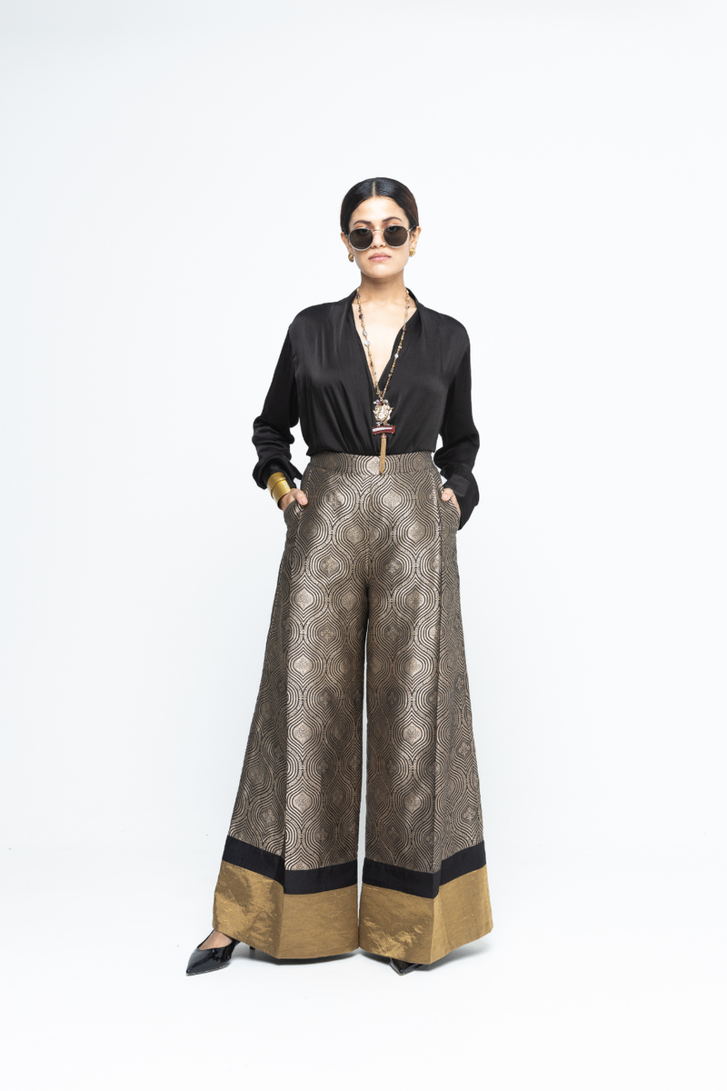 Statement Metallic Brocade Pant Set - Black satin by SOBARIKO in black color for women Worldwide
