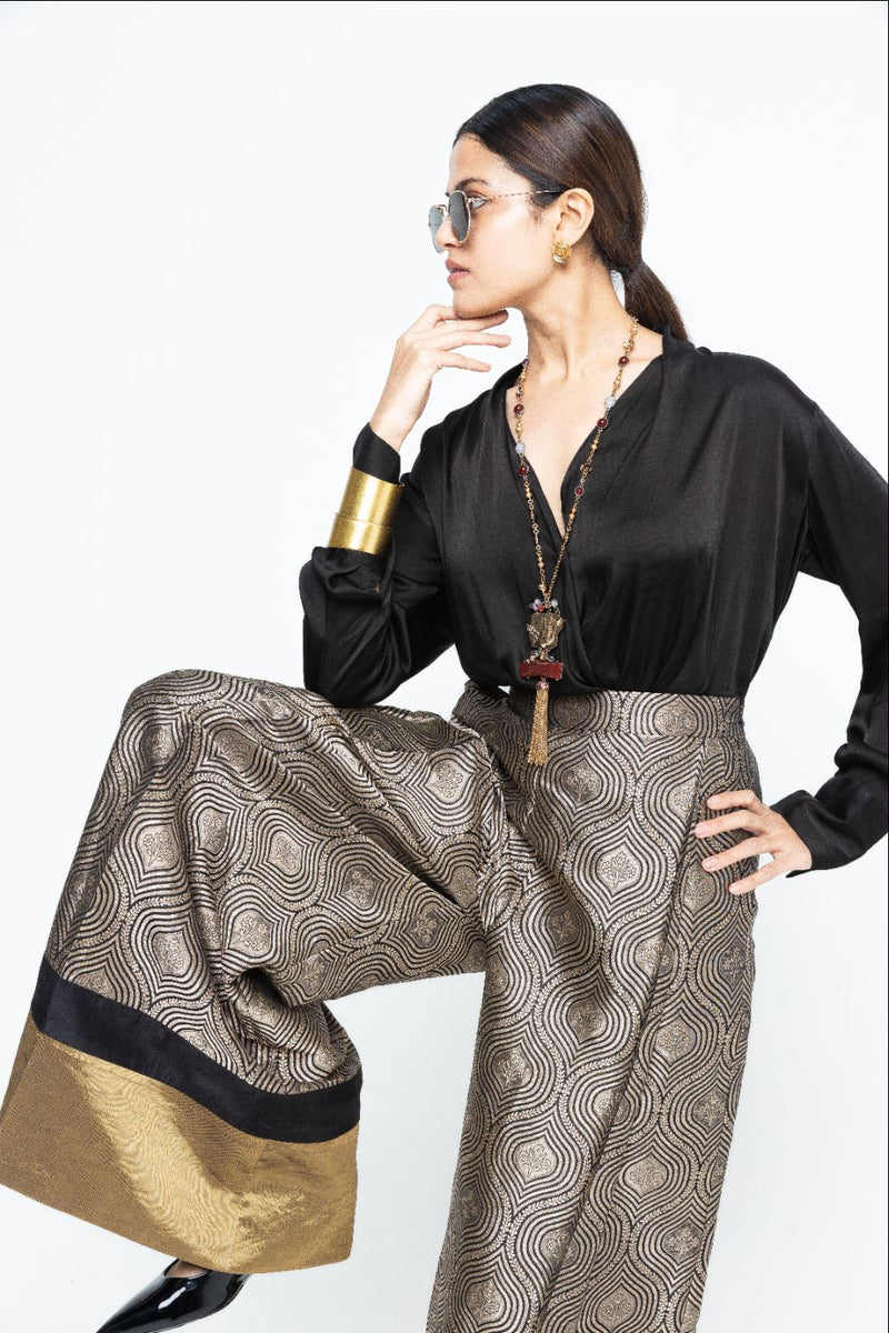 Statement Metallic Brocade Pant Set - Black satin by SOBARIKO in black color for women Worldwide