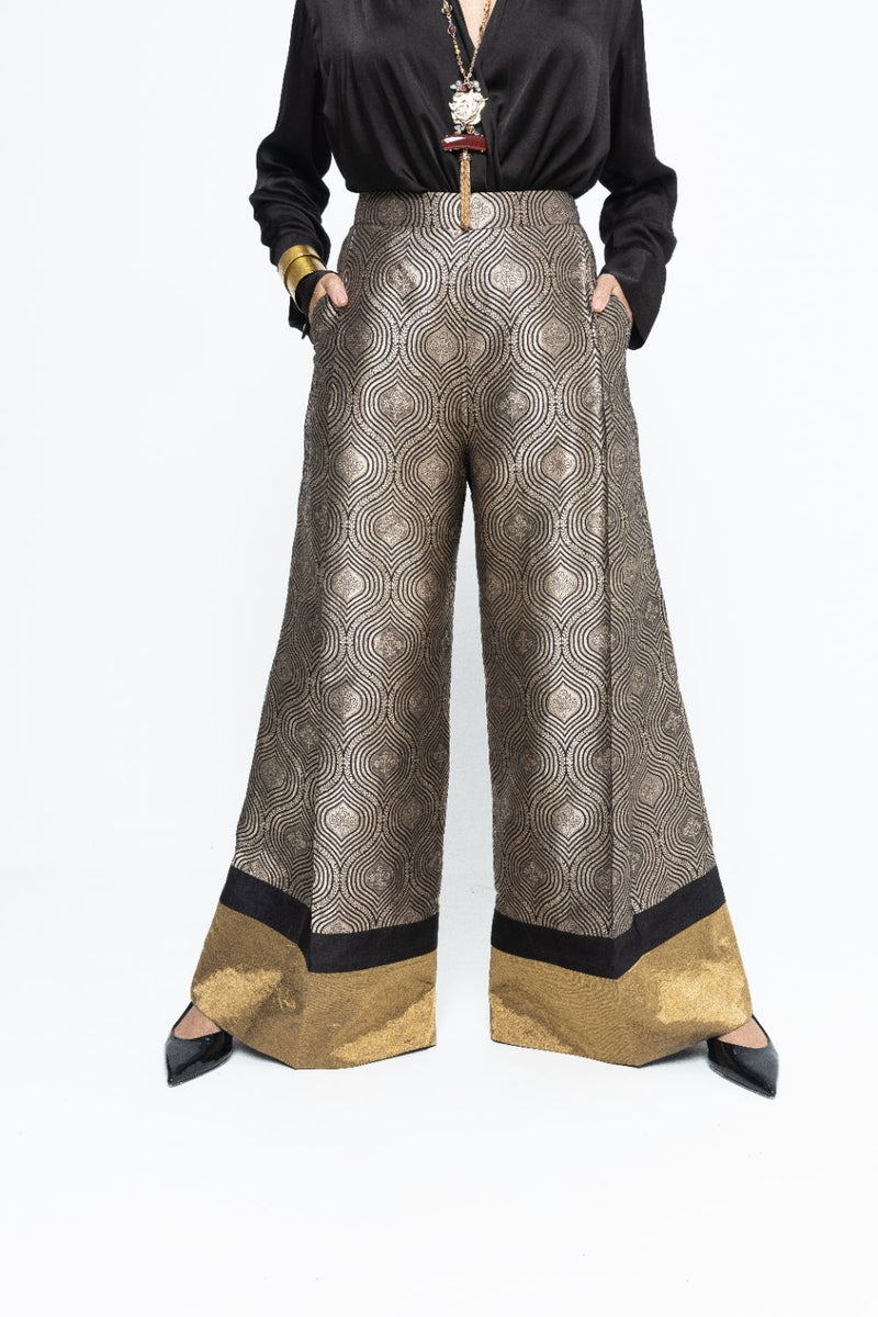 Statement Metallic Brocade Pant Set - Black satin by SOBARIKO in black color for women Worldwide