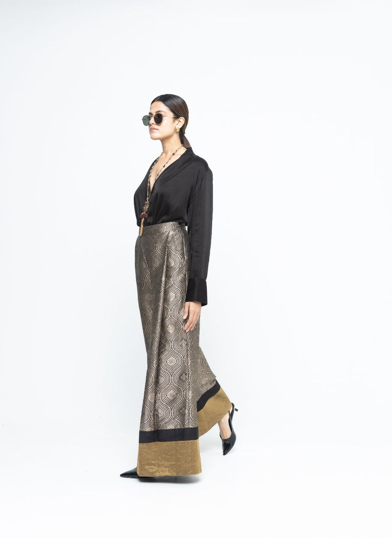Statement Metallic Brocade Pant Set - Black satin by SOBARIKO in black color for women Worldwide
