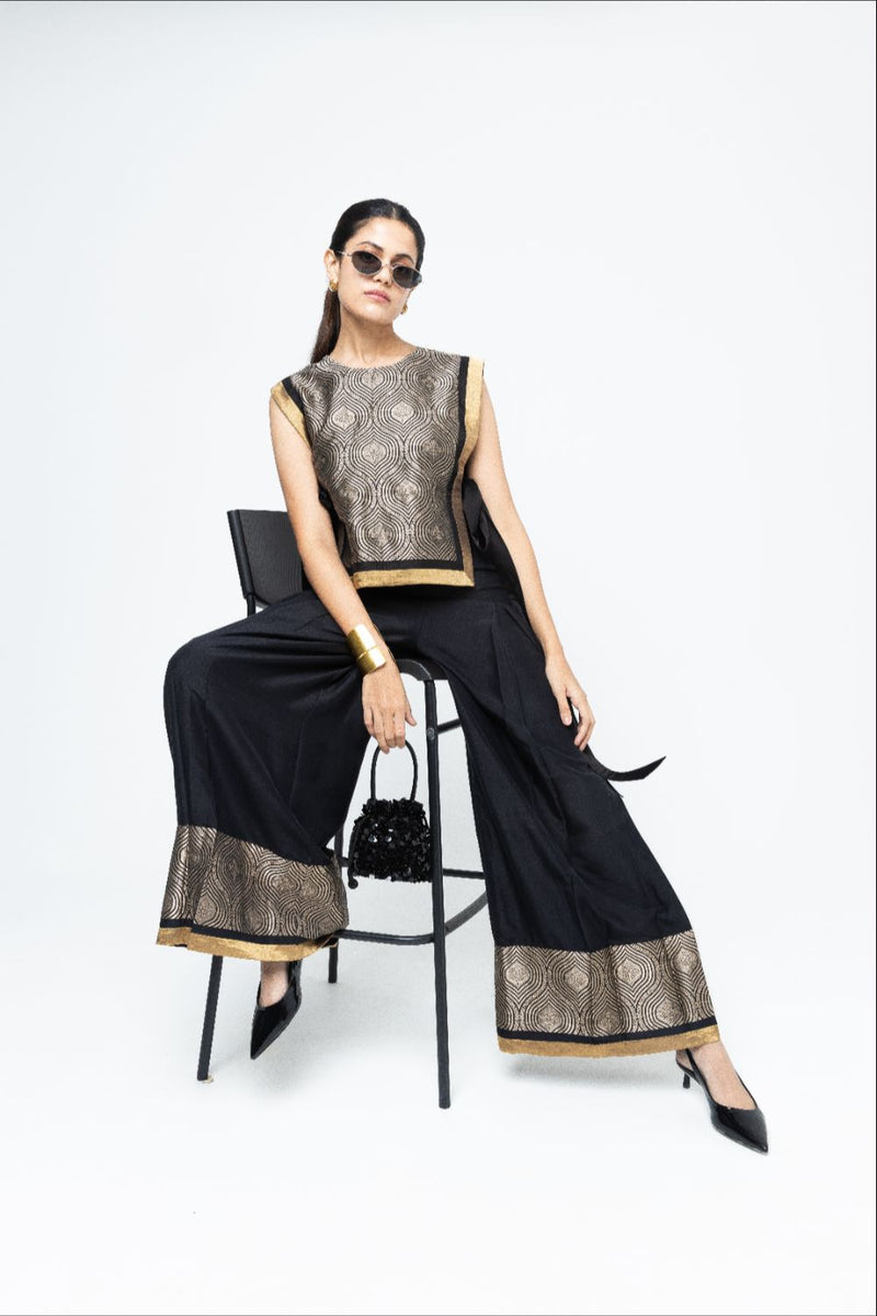 Miri - Brocade Bib with Pant Set - Black silk by SOBARIKO in black color for women Worldwide