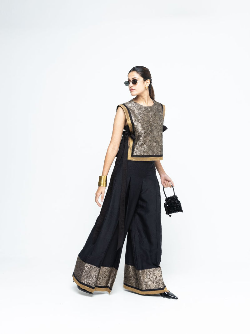 Miri - Brocade Bib with Pant Set - Black silk by SOBARIKO in black color for women Worldwide