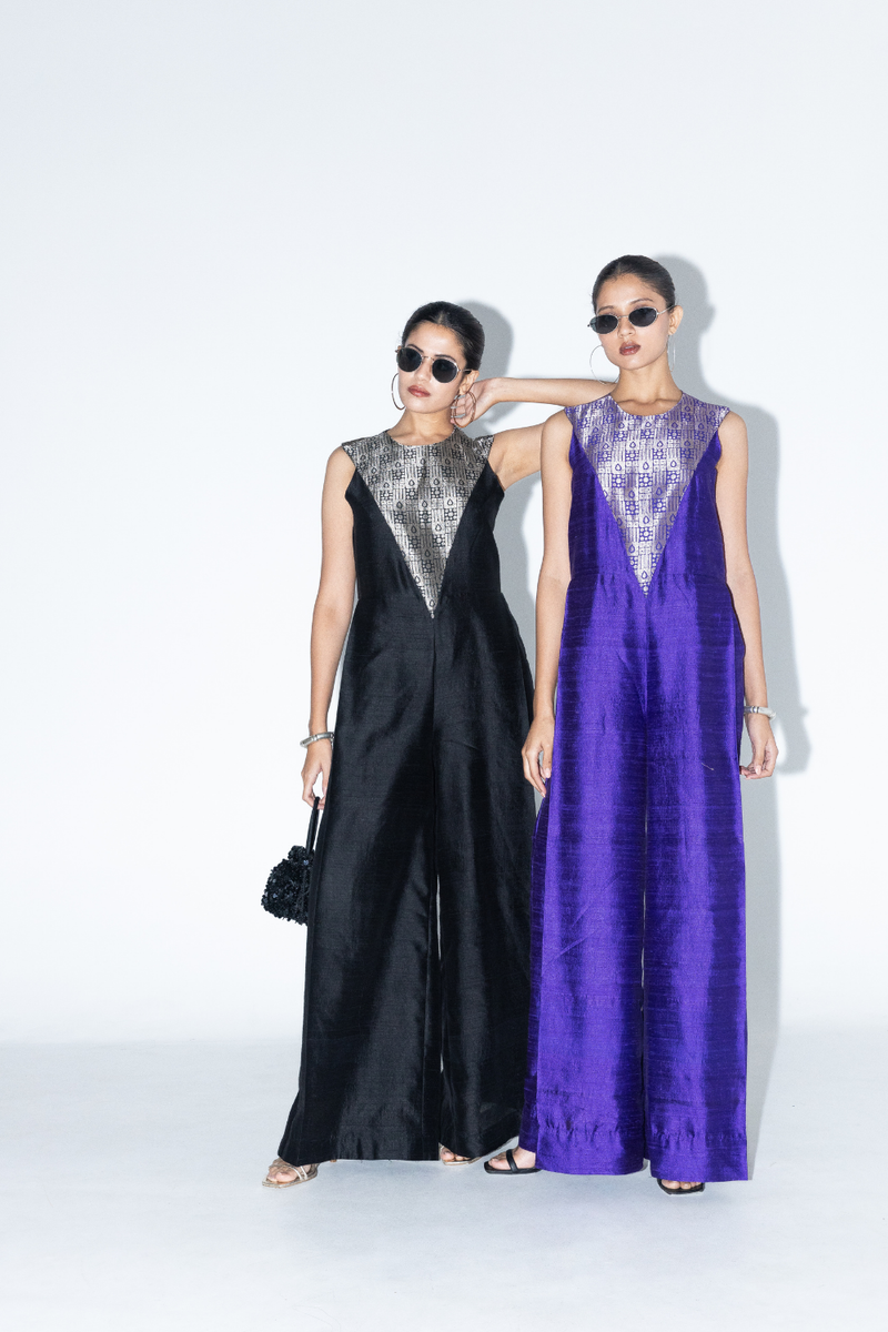 Reha - Statement Jumpsuit - Purple satin by SOBARIKO in purple color for women Worldwide
