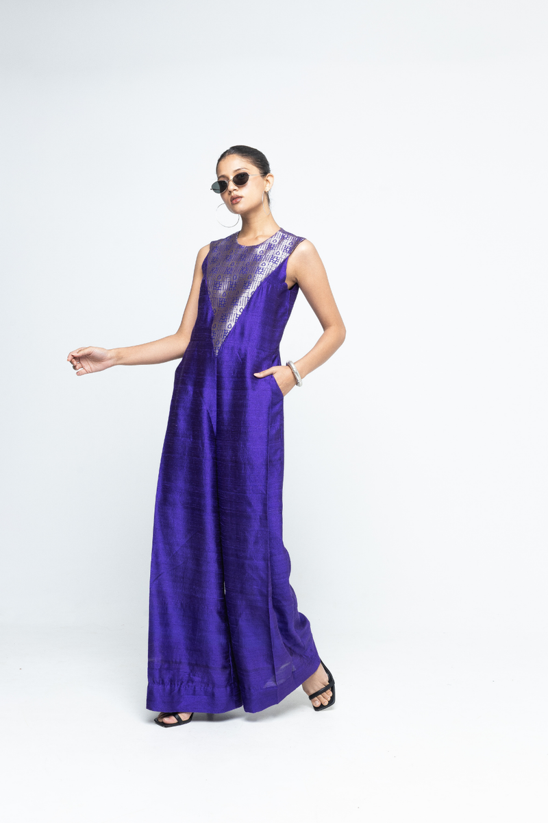 Reha - Statement Jumpsuit - Purple satin by SOBARIKO in purple color for women Worldwide