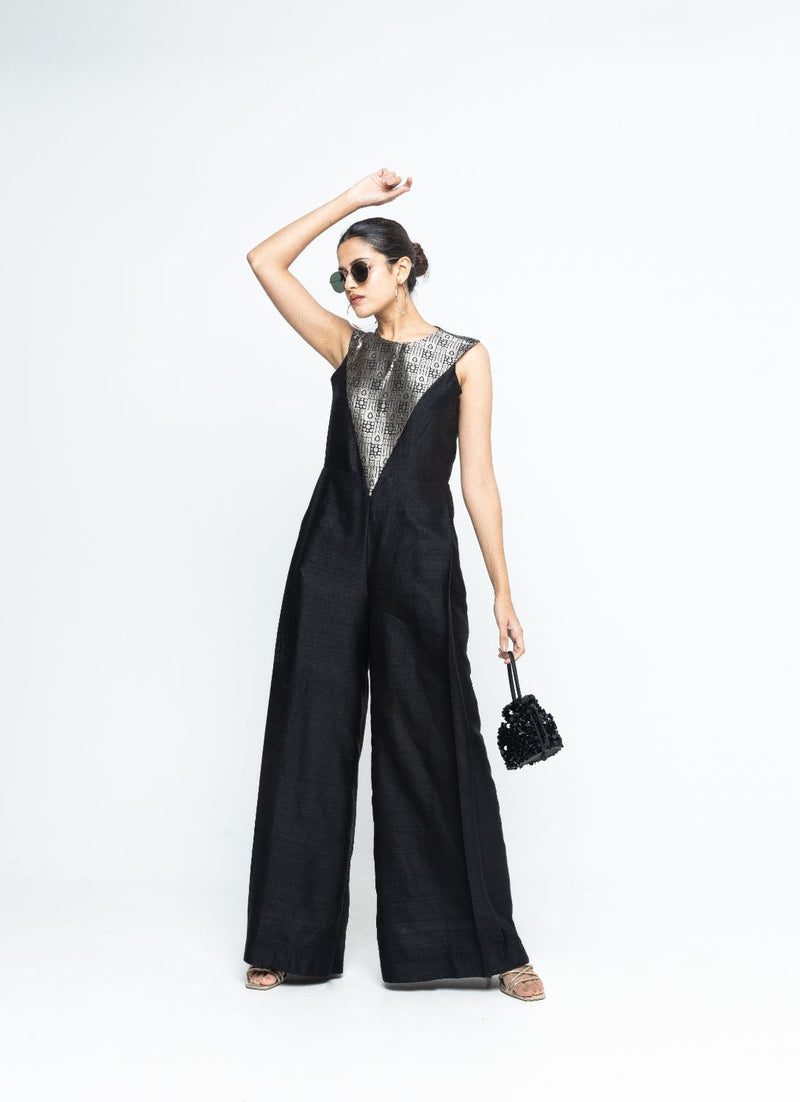 Reha - Statement Jumpsuit - Black satin by SOBARIKO in black color for women Worldwide