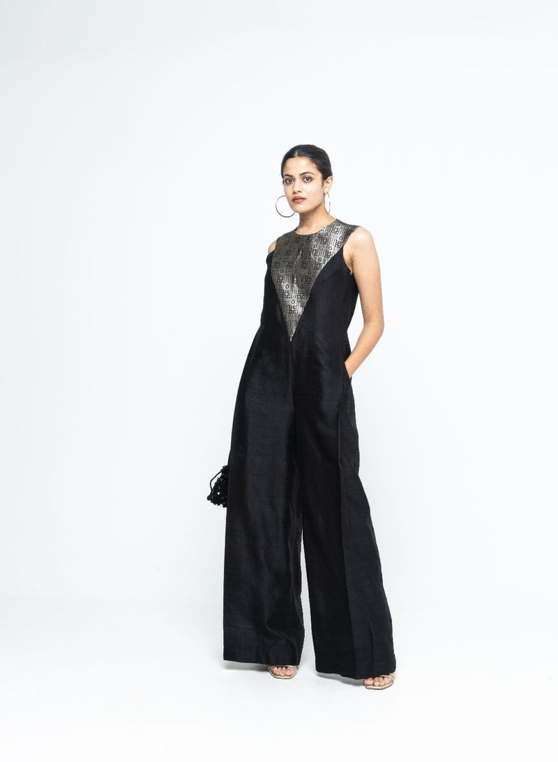 Reha - Statement Jumpsuit - Black satin by SOBARIKO in black color for women Worldwide