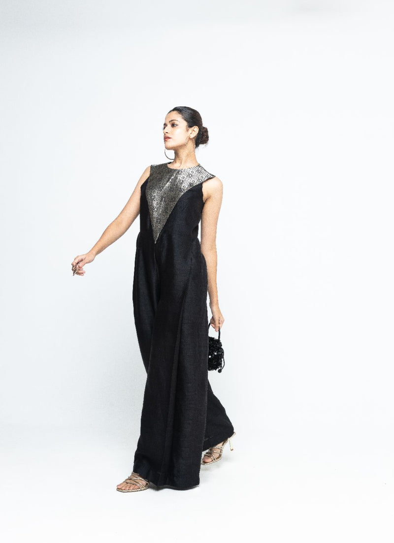 Reha - Statement Jumpsuit - Black satin by SOBARIKO in black color for women Worldwide