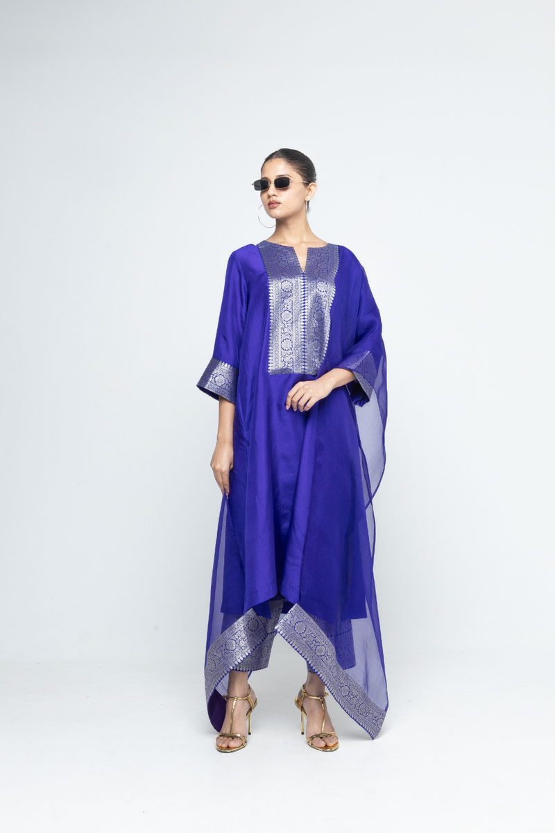 Seher - Tunic set - Blue organza by SOBARIKO in blue color for women Worldwide