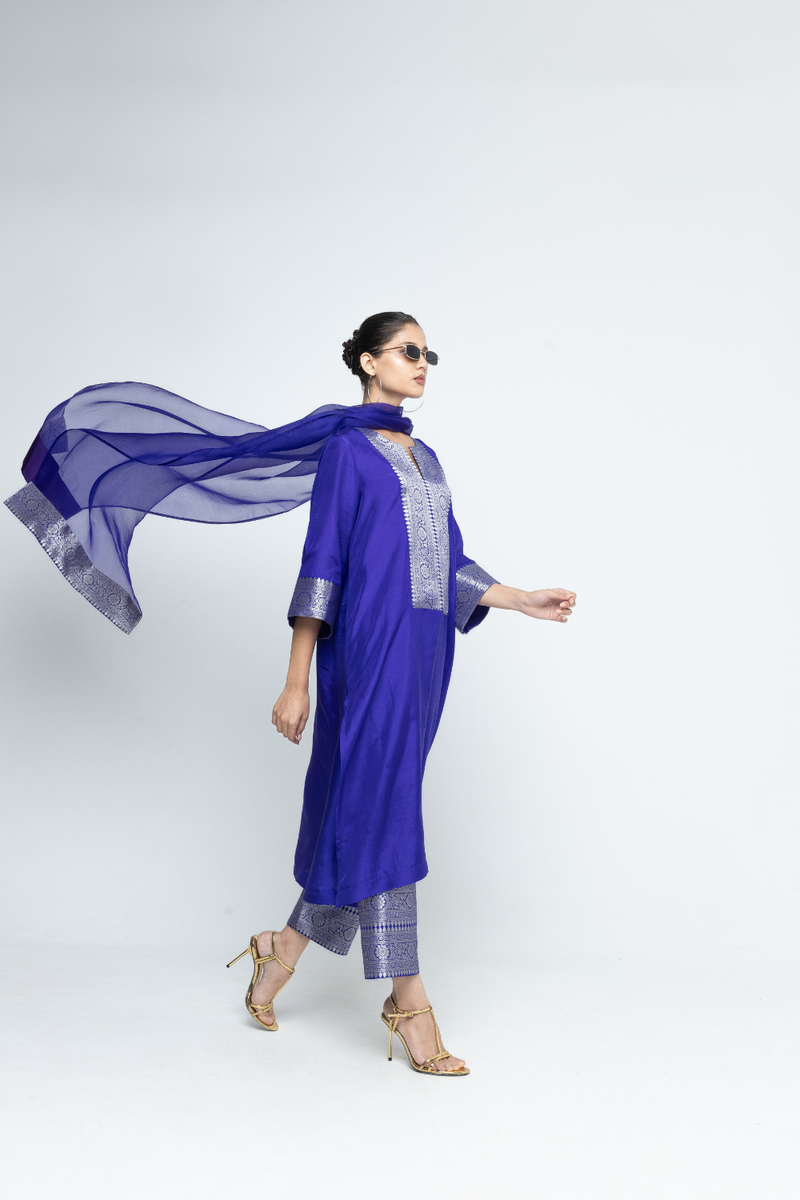 Seher - Tunic set - Blue organza by SOBARIKO in blue color for women Worldwide