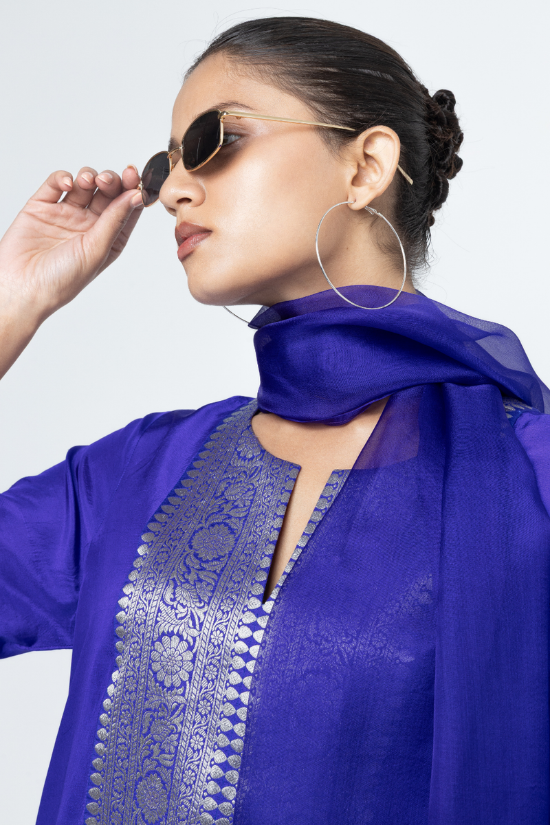 Seher - Tunic set - Blue organza by SOBARIKO in blue color for women Worldwide