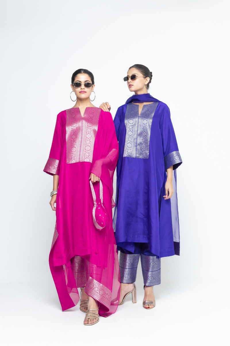 Seher - Tunic set - Blue organza by SOBARIKO in blue color for women Worldwide