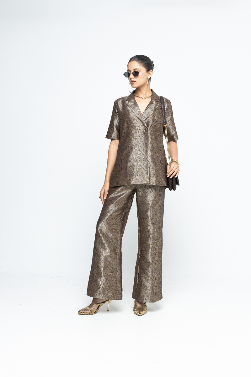 Metallic Brown Wrap Blazer Set - Gold Brown satin by SOBARIKO in brown color for women Worldwide