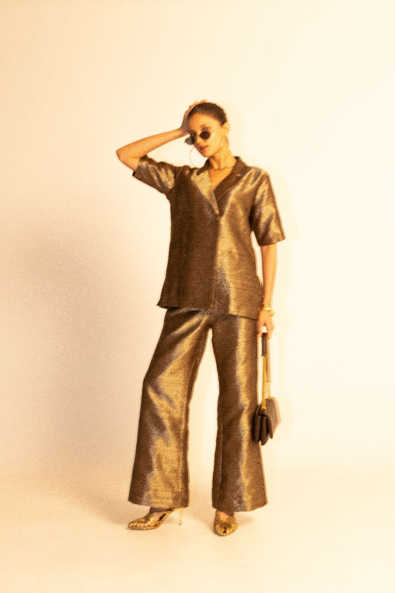 Metallic Brown Wrap Blazer Set - Gold Brown satin by SOBARIKO in brown color for women Worldwide