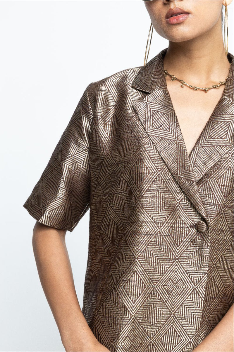 Metallic Brown Wrap Blazer Set - Gold Brown satin by SOBARIKO in brown color for women Worldwide