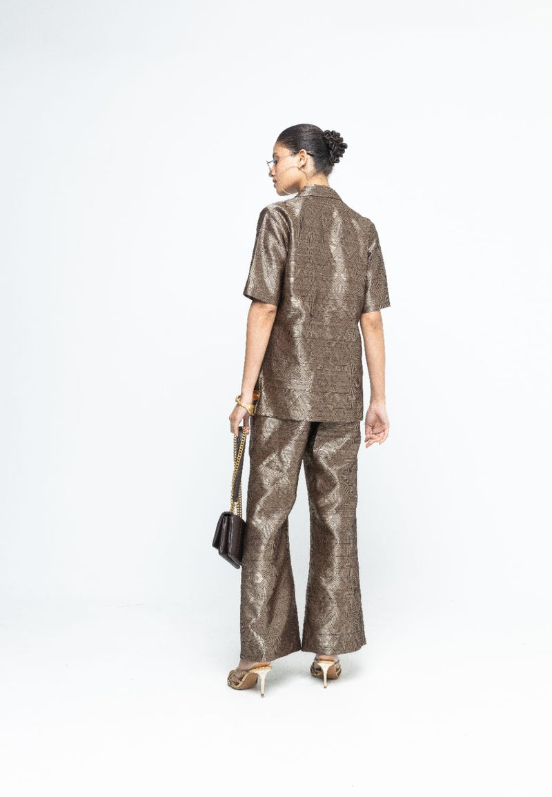 Metallic Brown Wrap Blazer Set - Gold Brown satin by SOBARIKO in brown color for women Worldwide