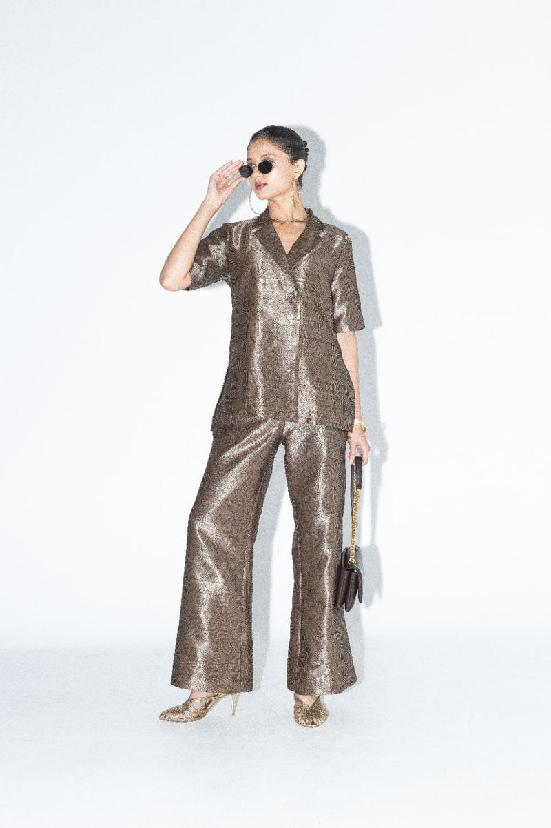 Metallic Brown Wrap Blazer Set - Gold Brown satin by SOBARIKO in brown color for women Worldwide