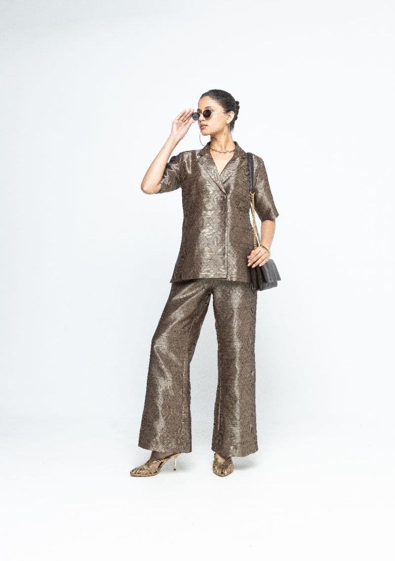 Metallic Brown Wrap Blazer Set - Gold Brown satin by SOBARIKO in brown color for women Worldwide