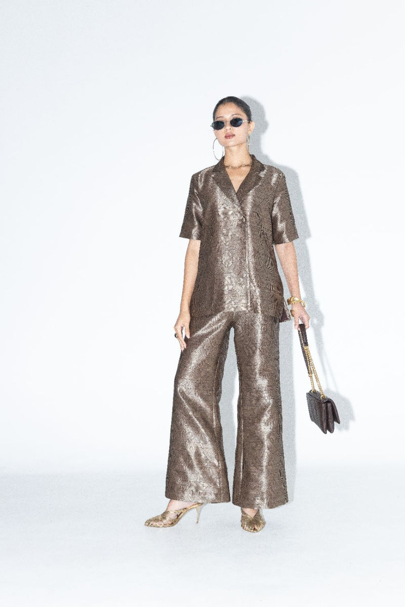 Metallic Brown Wrap Blazer Set - Gold Brown satin by SOBARIKO in brown color for women Worldwide