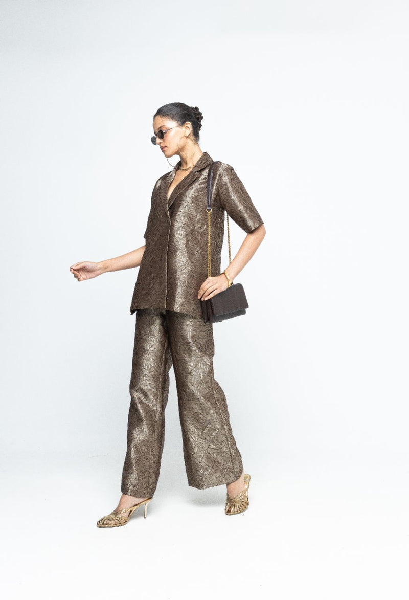 Metallic Brown Wrap Blazer Set - Gold Brown satin by SOBARIKO in brown color for women Worldwide
