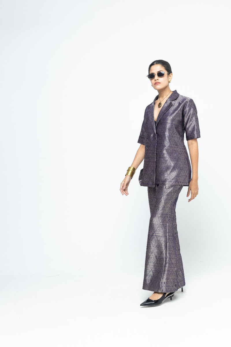 Metallic Purple Wrap Blazer Set - Purple satin by SOBARIKO in purple color for women Worldwide
