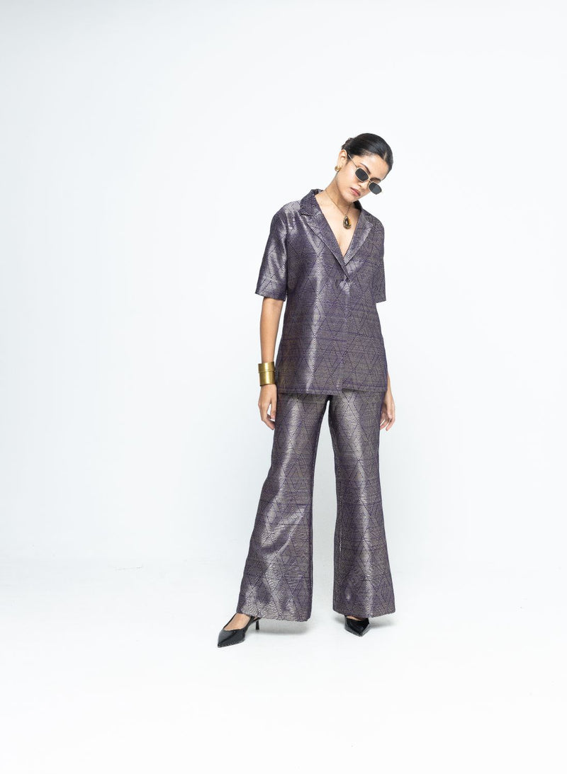Metallic Purple Wrap Blazer Set - Purple satin by SOBARIKO in purple color for women Worldwide