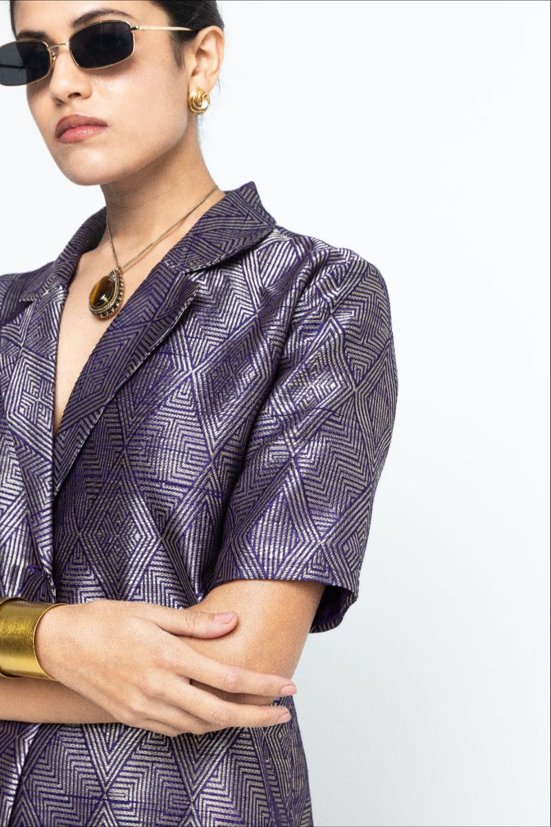 Metallic Purple Wrap Blazer Set - Purple satin by SOBARIKO in purple color for women Worldwide