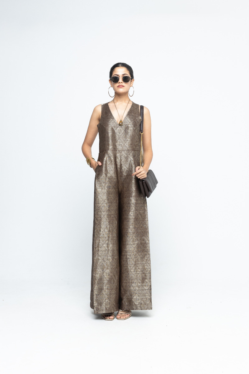 Sera - Brown Metallic Jumpsuit - Gold Brown satin by SOBARIKO in brown color for women Worldwide