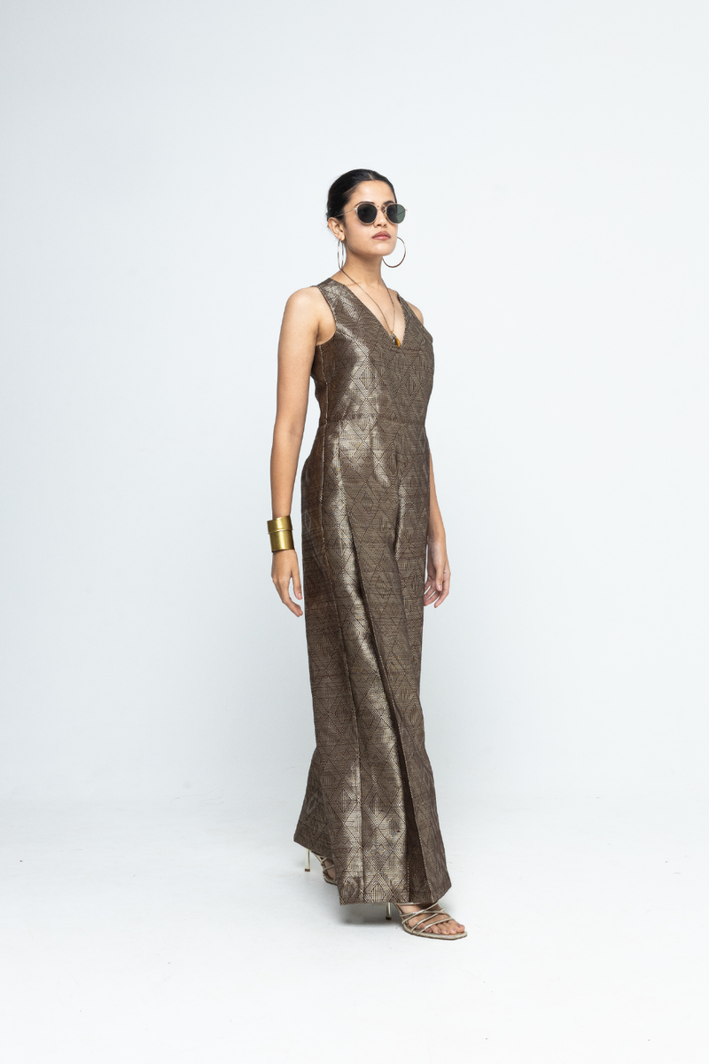 Sera - Brown Metallic Jumpsuit - Gold Brown satin by SOBARIKO in brown color for women Worldwide