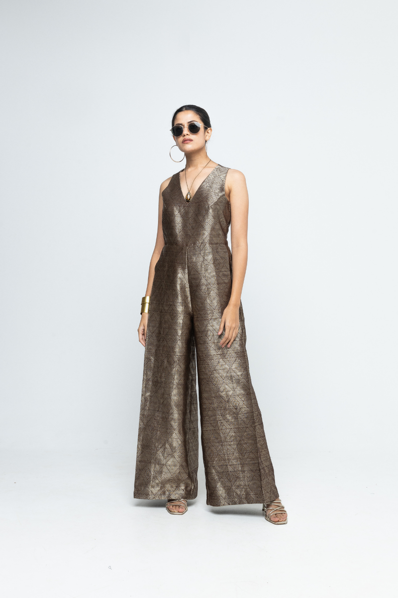 Sera - Brown Metallic Jumpsuit - Gold Brown satin by SOBARIKO in brown color for women Worldwide
