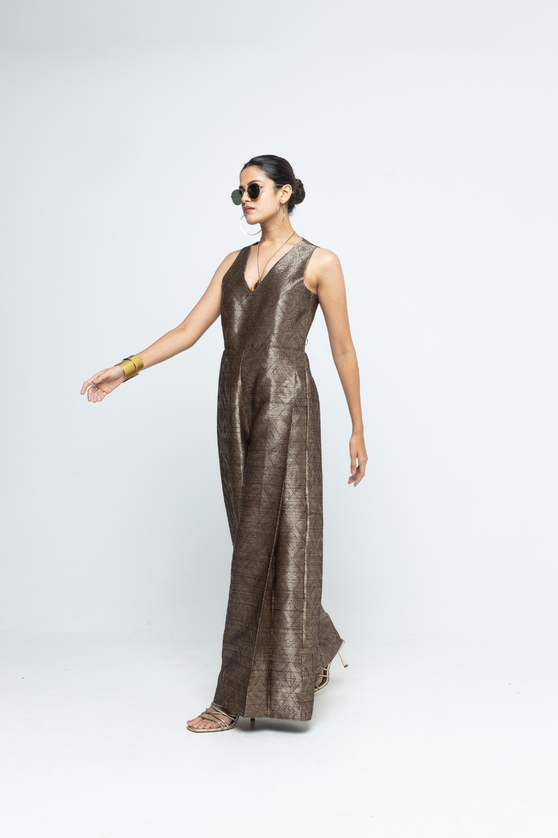 Sera - Brown Metallic Jumpsuit - Gold Brown satin by SOBARIKO in brown color for women Worldwide