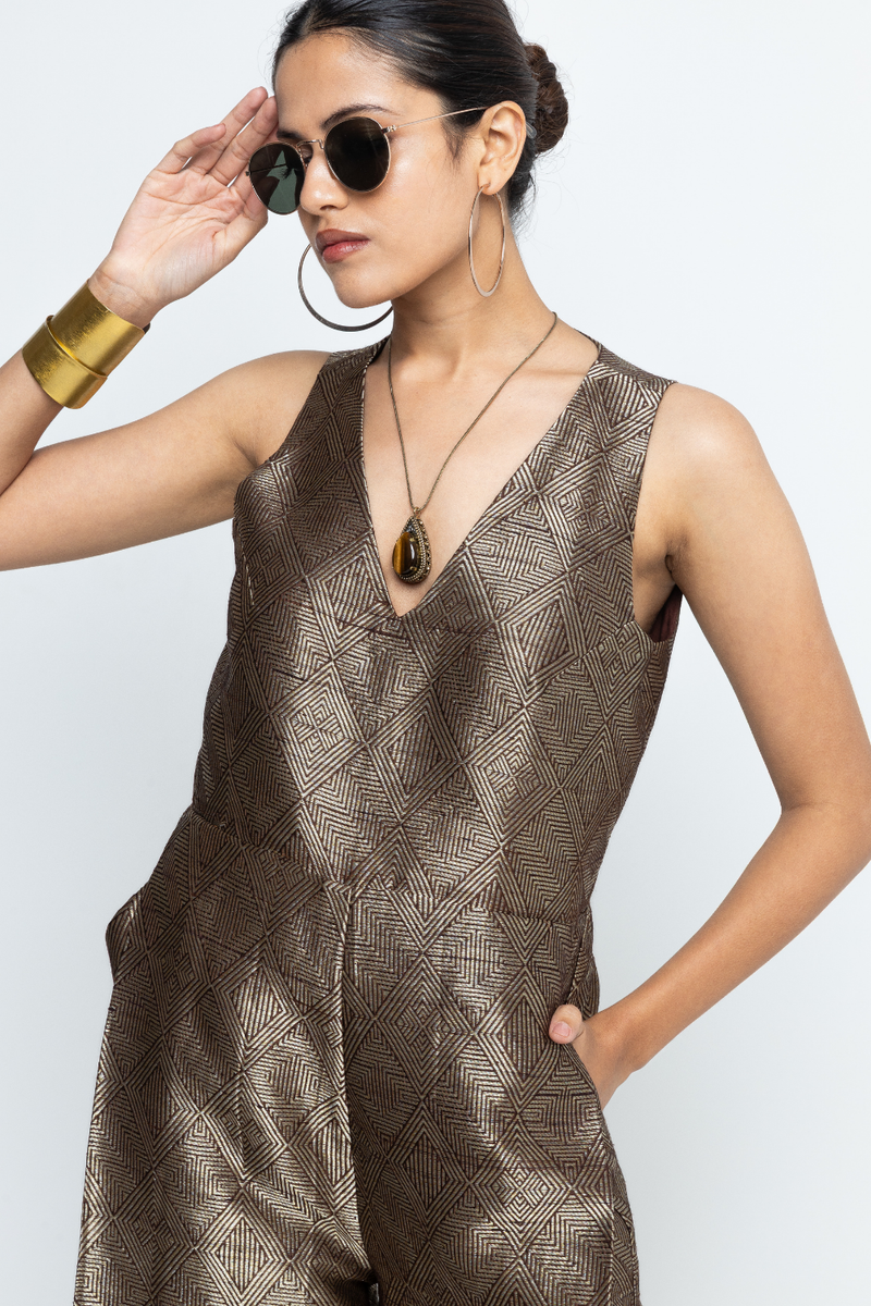 Sera - Brown Metallic Jumpsuit - Gold Brown satin by SOBARIKO in brown color for women Worldwide