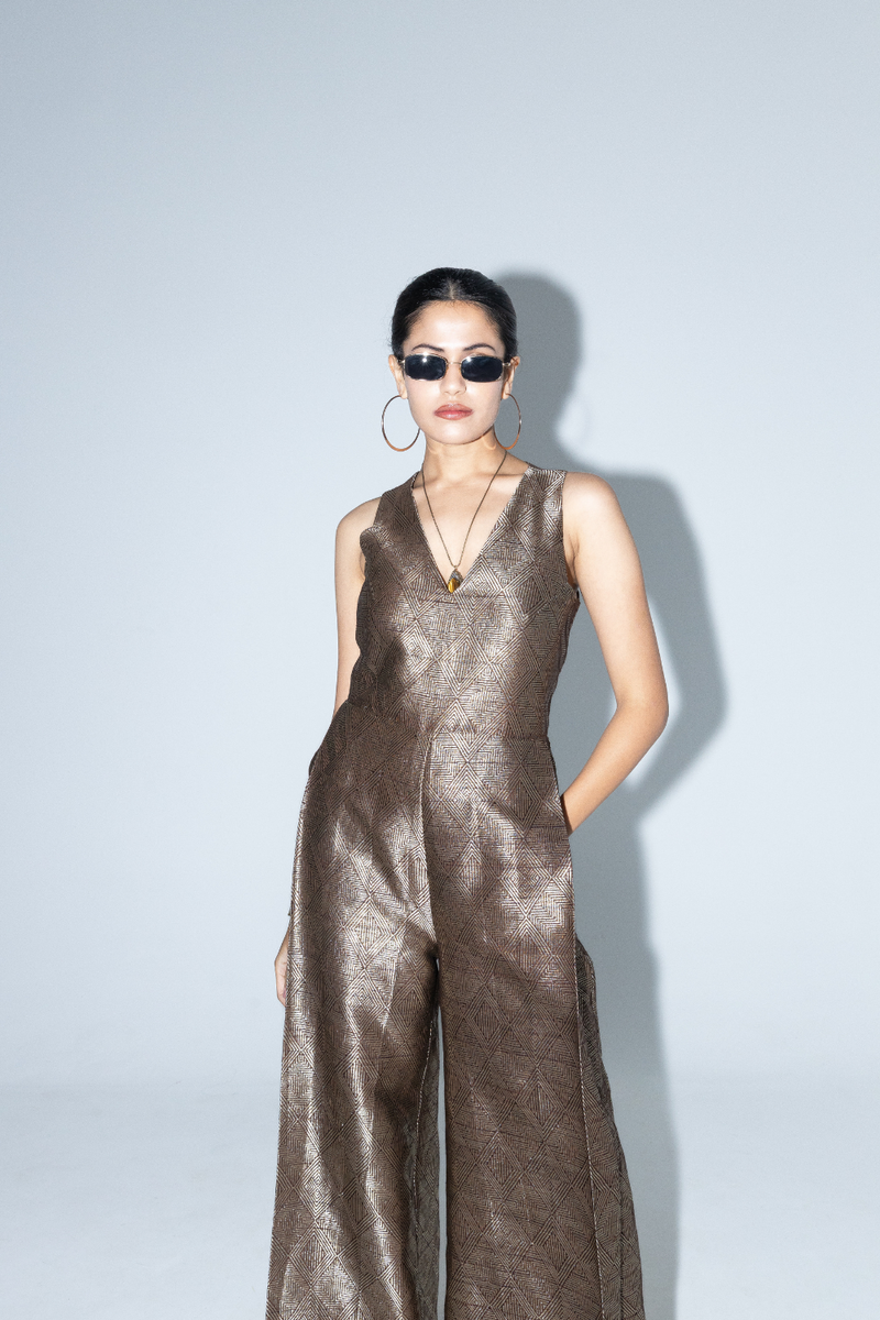 Sera - Brown Metallic Jumpsuit - Gold Brown satin by SOBARIKO in brown color for women Worldwide