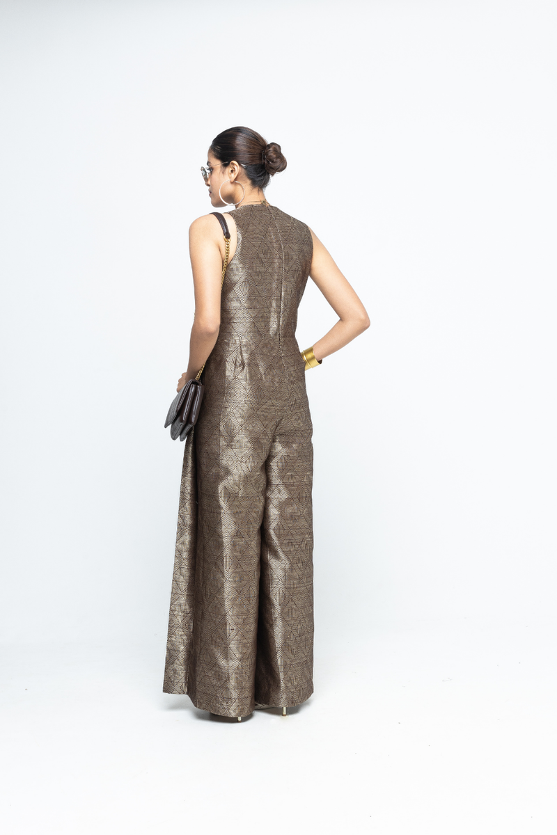 Sera - Brown Metallic Jumpsuit - Gold Brown satin by SOBARIKO in brown color for women Worldwide