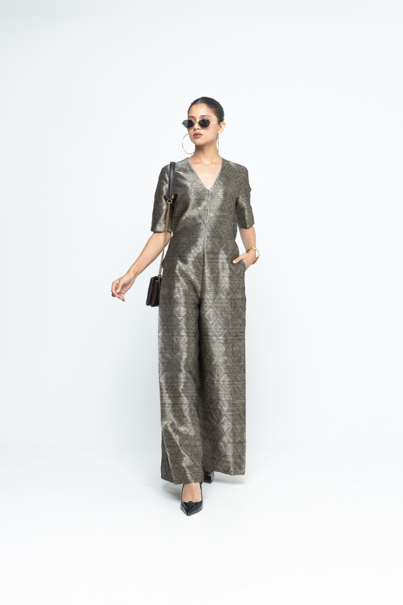 Sera - Black Metallic Jumpsuit - Black satin by SOBARIKO in black color for women Worldwide
