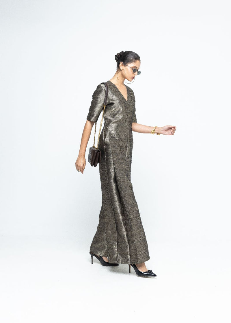 Sera - Black Metallic Jumpsuit - Black satin by SOBARIKO in black color for women Worldwide