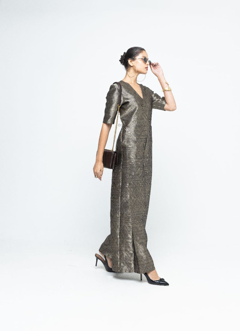 Sera - Black Metallic Jumpsuit - Black satin by SOBARIKO in black color for women Worldwide