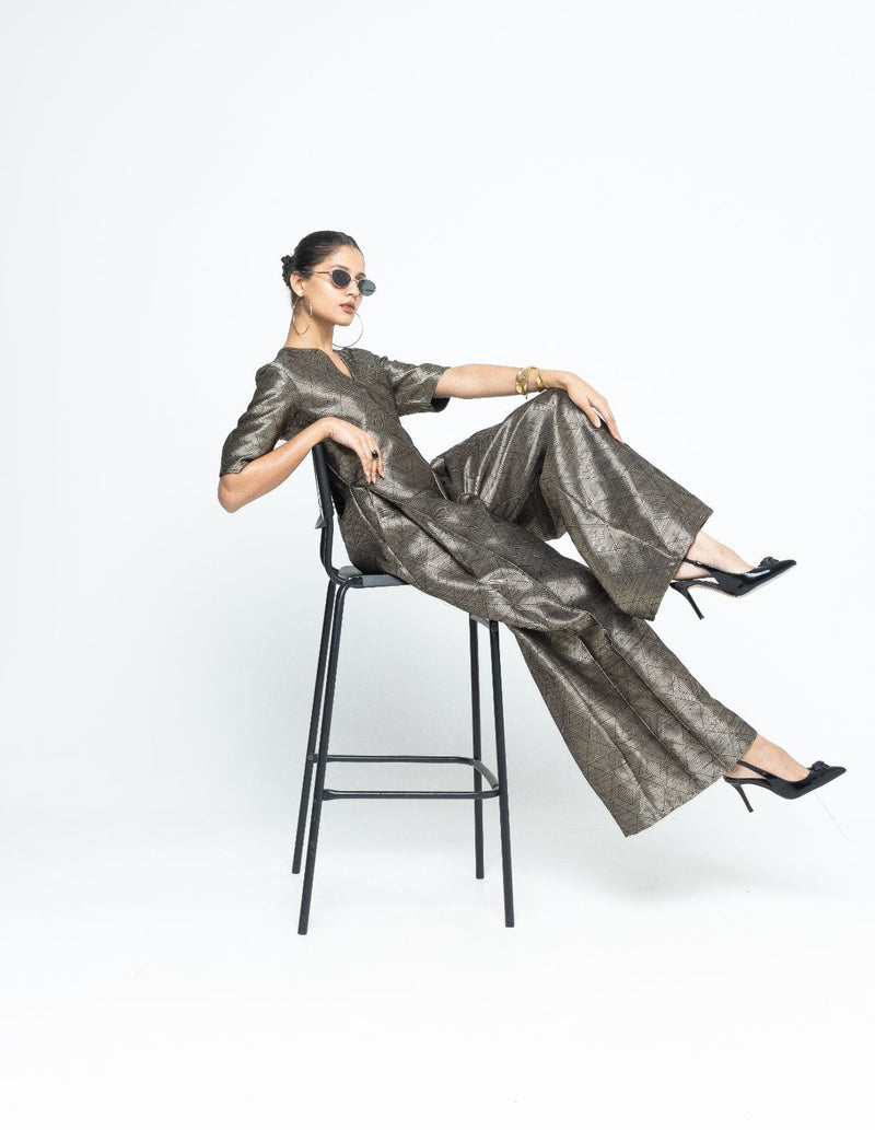 Sera - Black Metallic Jumpsuit - Black satin by SOBARIKO in black color for women Worldwide