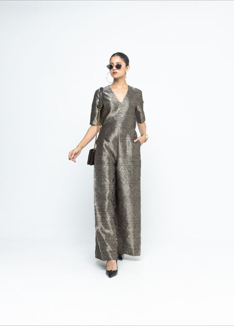 Sera - Black Metallic Jumpsuit - Black satin by SOBARIKO in black color for women Worldwide