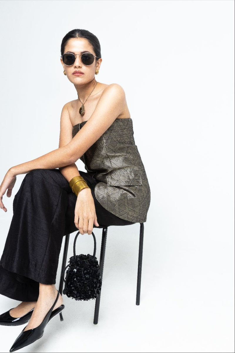 Tiya - Black Tube Jacket set - Black satin by SOBARIKO in black color for women Worldwide