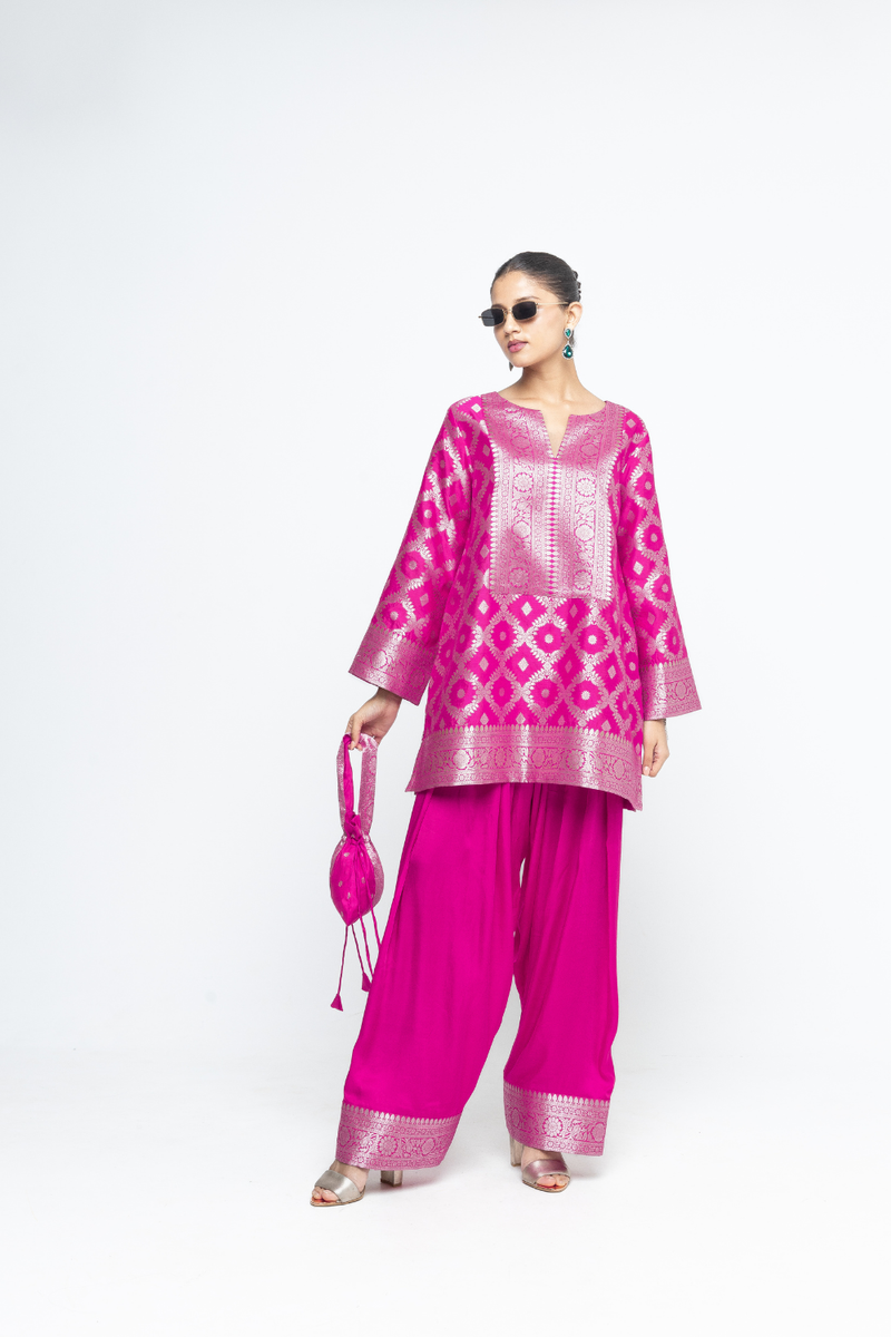 Seerat - Brocade Jaal Silk Kurta with Farshi set - Pink satin by SOBARIKO in pink color for women Worldwide