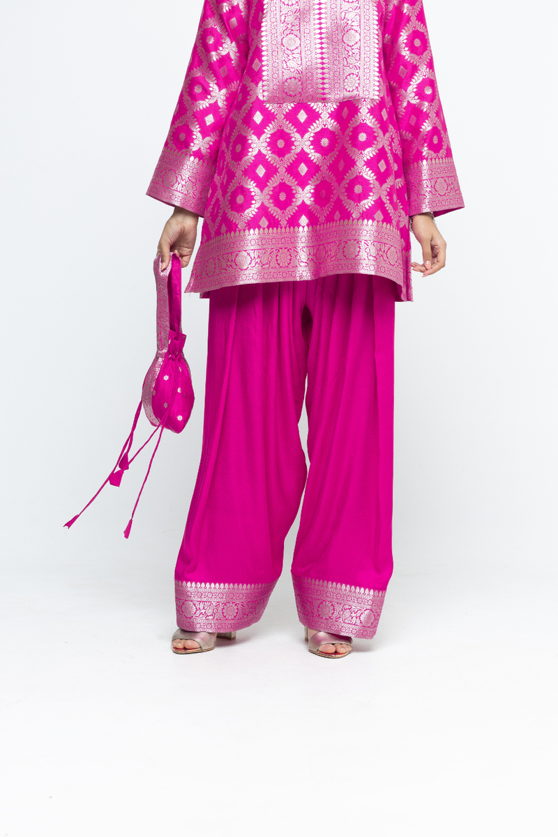 Seerat - Brocade Jaal Silk Kurta with Farshi set - Pink satin by SOBARIKO in pink color for women Worldwide