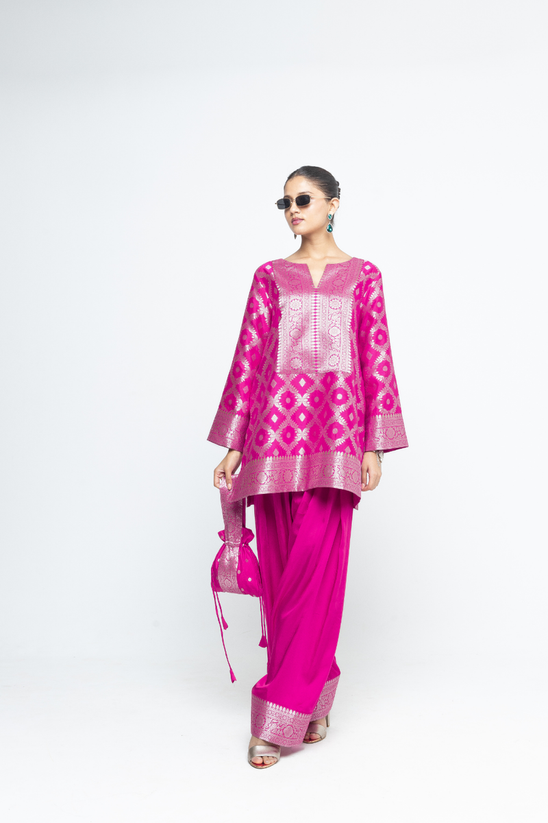 Seerat - Brocade Jaal Silk Kurta with Farshi set - Pink satin by SOBARIKO in pink color for women Worldwide