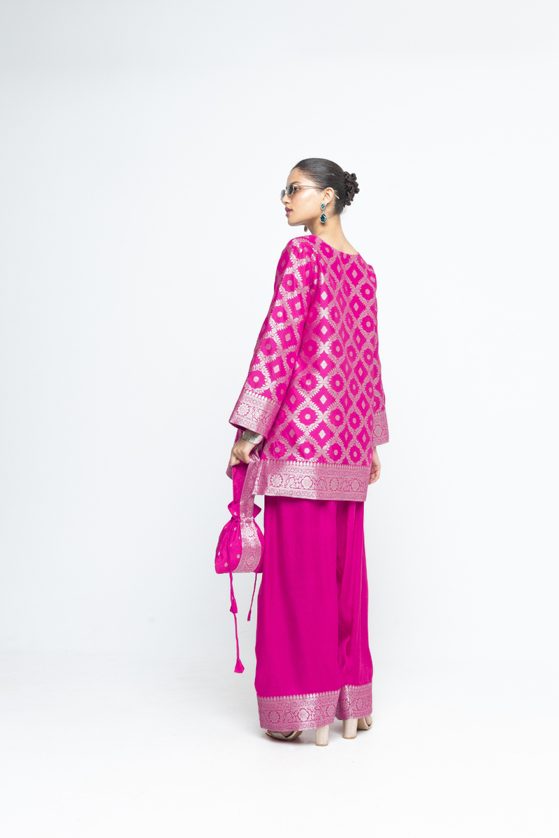Seerat - Brocade Jaal Silk Kurta with Farshi set - Pink satin by SOBARIKO in pink color for women Worldwide