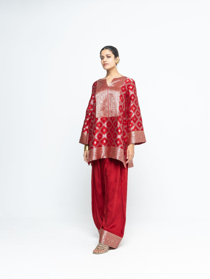 Seerat - Brocade Jaal Silk Kurta with Farshi set - Red satin by SOBARIKO in red color for women Worldwide