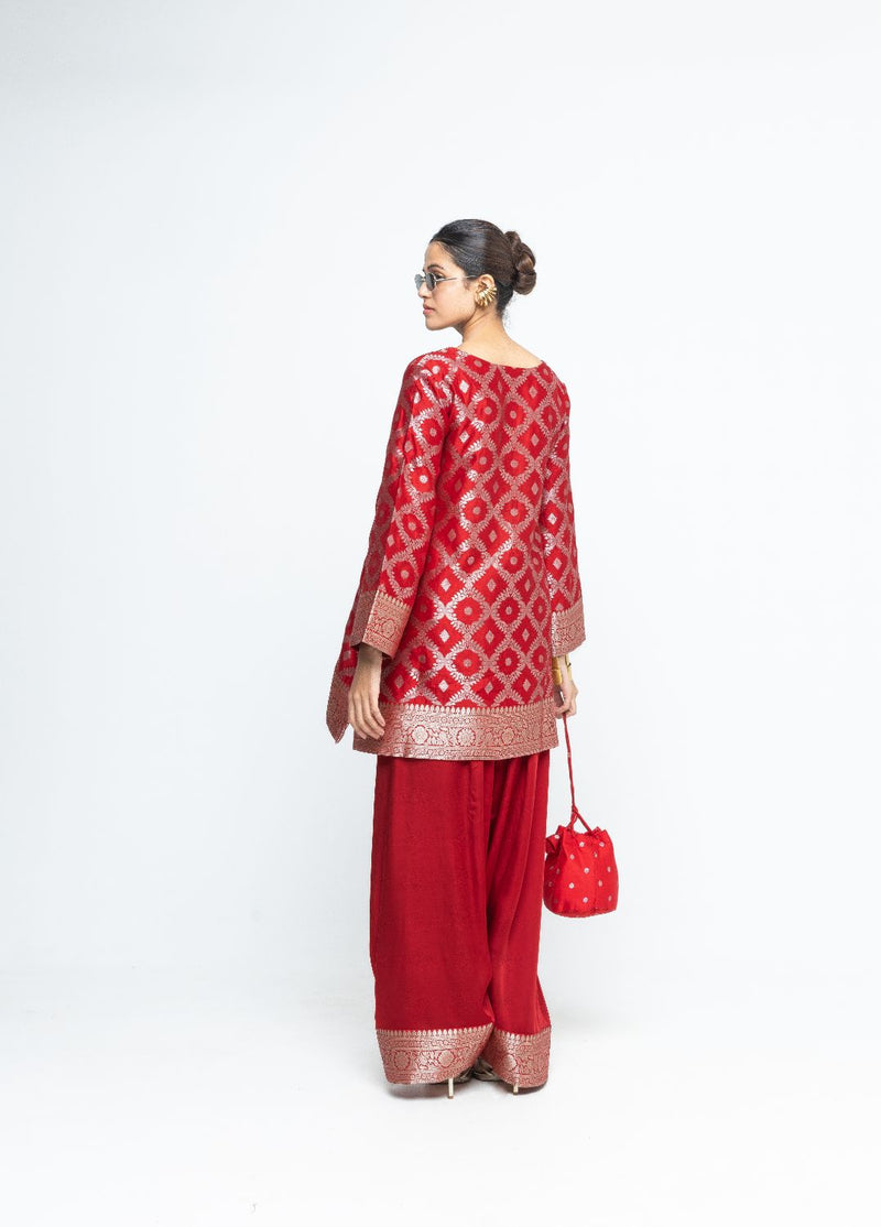 Seerat - Brocade Jaal Silk Kurta with Farshi set - Red satin by SOBARIKO in red color for women Worldwide