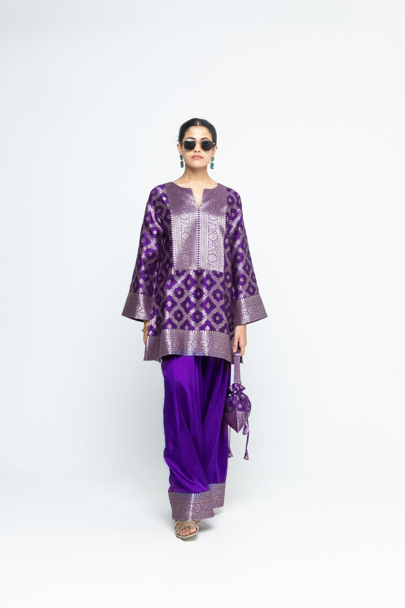 Seerat - Brocade Jaal Silk Kurta with Farshi set - Purple satin by SOBARIKO in purple color for women Worldwide