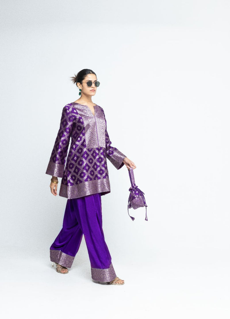 Seerat - Brocade Jaal Silk Kurta with Farshi set - Purple satin by SOBARIKO in purple color for women Worldwide